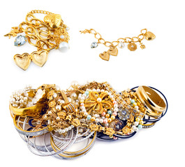 Isolated object set golden pearl diamond jewelery