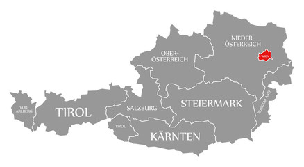 Vienna red highlighted in map of Austria