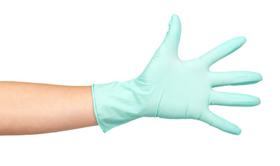 Hand with rubber glove, protection uniform, medicine safety and care concept.