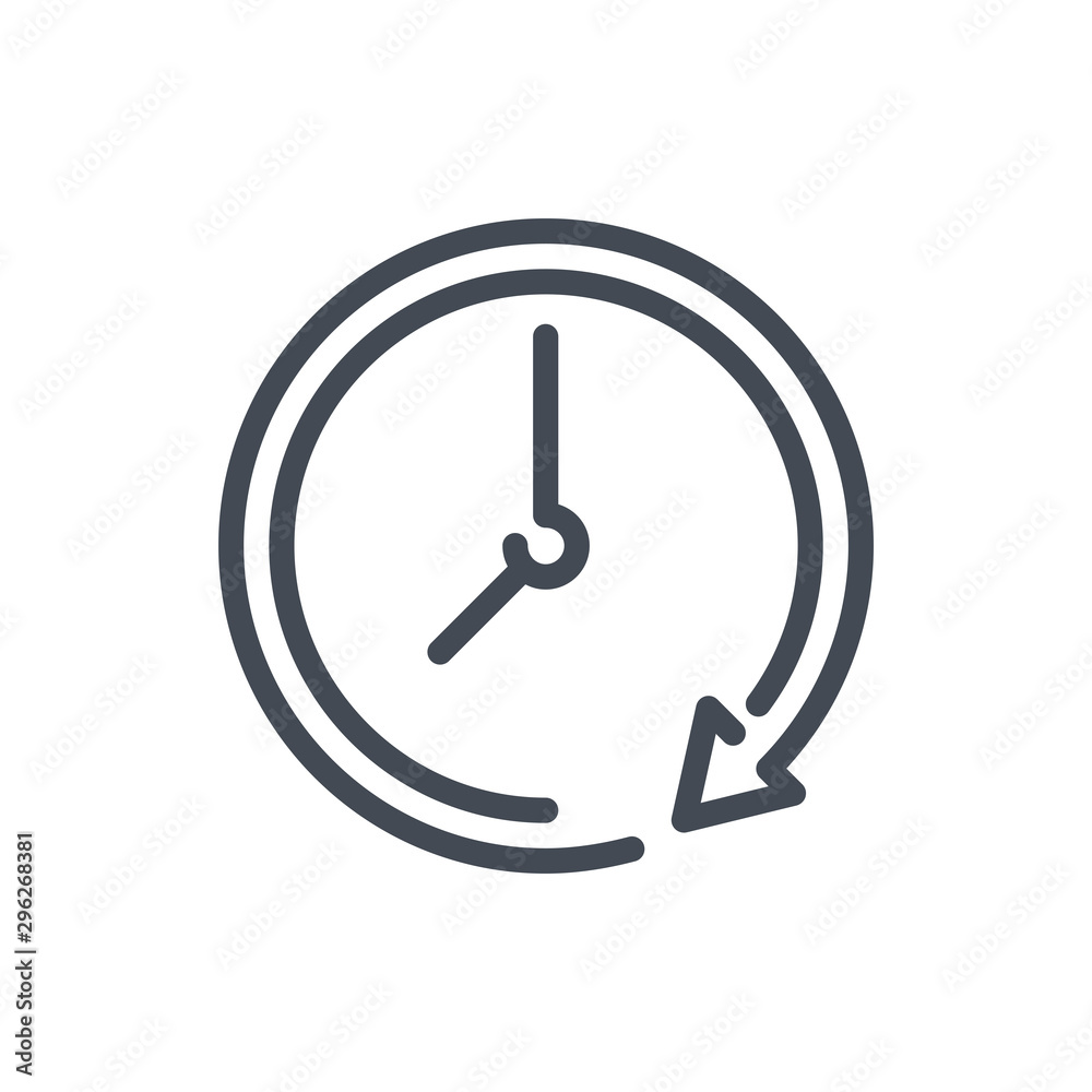 Poster repeat time line icon. clock with update arrow vector outline sign.