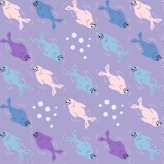 Seal pup seamless pattern in trendy colors Vector illustration of swimming seal animal and bubbles in a flat style. Design element for textile print, wallpaper, wrapping paper, web background.