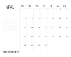 Simple calendar planner 2020 grid for April with lettering month name and motivation phrase 