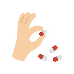 Medicine capsule in the hand color vector icon. Flat design