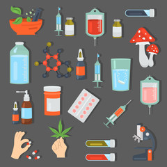 Pharmaceuticals color vector icons set. Flat design