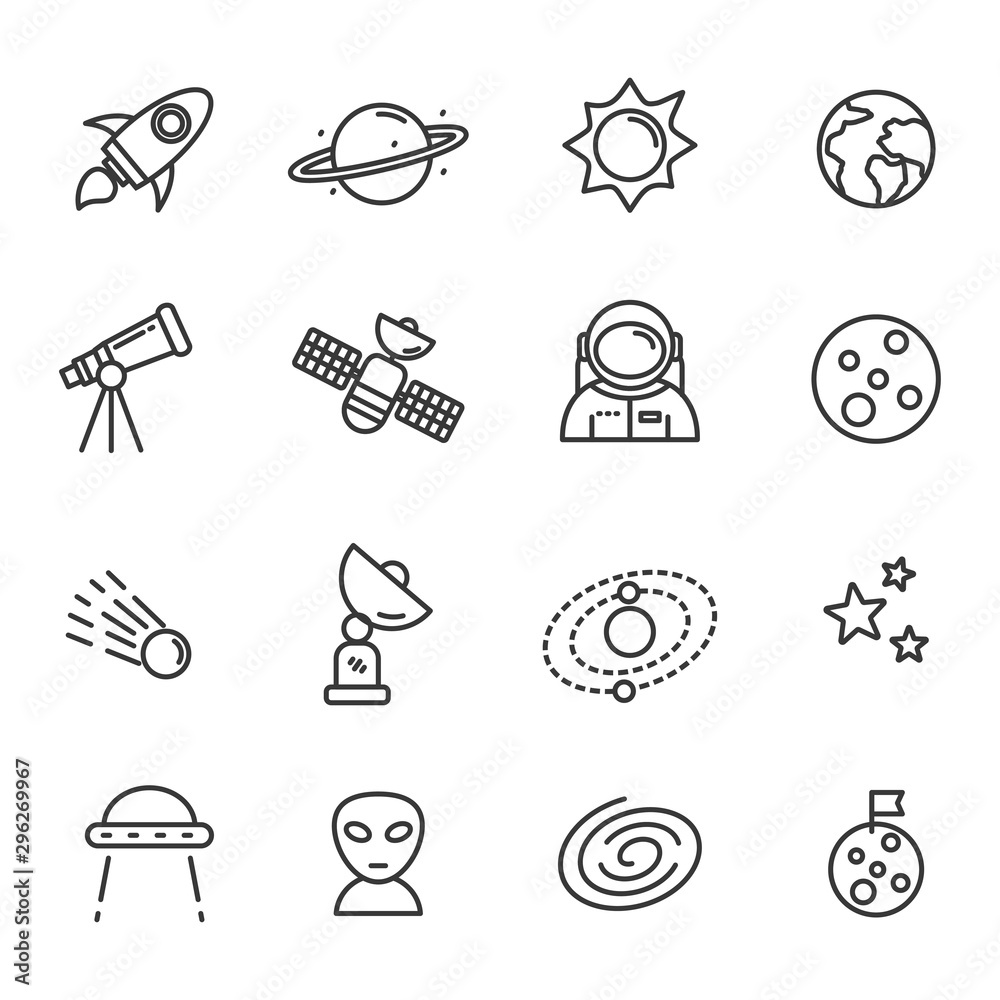 Wall mural set of space related icon with simple line design.
