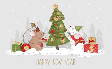 Christmas card with a cute mouse and festive elements. Vector illustration.