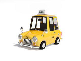 Cute stylized yellow cartoon taxicab with a taxi roof sign on a light background. 3d rendering car illustration. 3D illustration of Vintage Yellow Taxi isolated on white background.