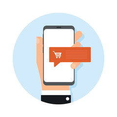 hand holding smart phone with online cart shopping icon showing on display, vector and illustration