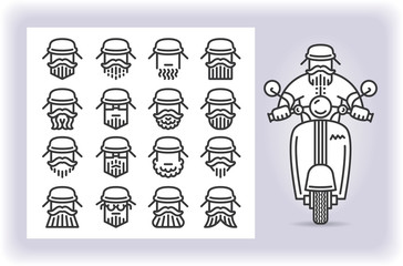 Redactable picture of person with mustache and beard wearing a helmet that riding by scooter and set of sixteen replaceable icons of that driver heads isolated on white. Emoji and avatars.