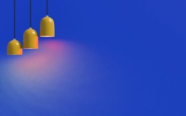 3D render of Minimal style. Yellow lamp with light on blue background.