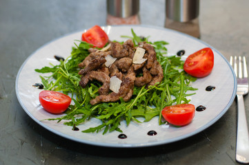 Tasty and juicy grilled meat with arugula, cheese, tomato sauce and spices