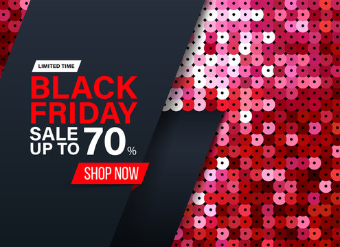 Modern Black Friday banner with red sequin fabric effect for special offers, sales and discounts. Promotion and shopping template for Mega sale 70% off. Limited time offer