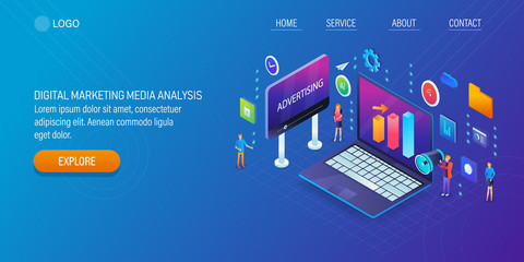 Digital marketing media technology, modern business solution, social media, content, data analysis, online advertising concept with character. 3d isometric design, web banner, template.