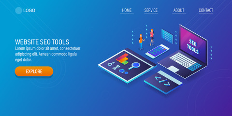 Seo tools, marketing data analytic software, website score checker concept with characters. 3d isometric landing page template.