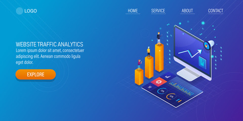 Increase website traffic, seo, social media, data analytic , digital marketing strategy analysis, business kpi with tiny people.  3d isometric banner for web, blog, presentation.