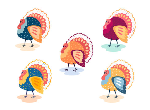 Turkey bird. Clipart. Thanksgiving day. Flat vector illustration. Different colors. Set. Design elements