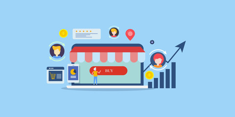 Ecommerce seo, digital marketing campaign, lead generation, conversion optimization, customer buying product concept. Flat design vector banner template.