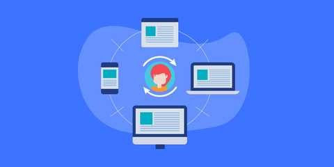 Flat design concept of digital marketing, advertising, re-targeting, online re-marketing program, customer oriented display ads concept.