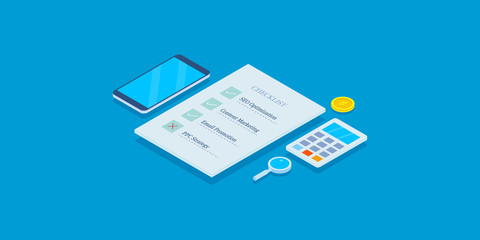 Marketing checklist, digital marketing cheat sheets for small business, marketing to do list for large organization concept, 3d isometric web banner template.