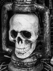 Skull and lantern in black and white