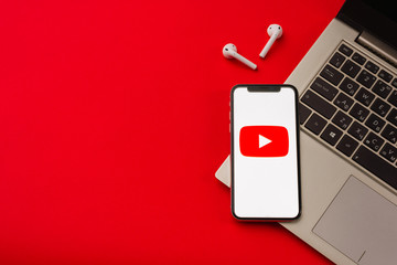 Tula, Russia - May 24,2019: Apple iPhone X with Youtube logo on the screen.
