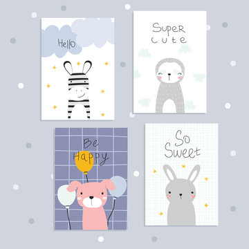 Cute cards with cartoon animals for kids. Vector hand drawn illustration. 