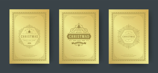 Christmas greeting cards design, ornate decoration symbols with tree, winter holidays wishes vintage typography