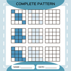 Repeat blue pattern. Cube grid with squares. Special for preschool kids. Worksheet for practicing fine motor skills. Improving skills tasks. A4. Snap game. 4x4.