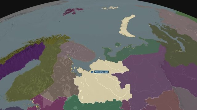 Arkhangel'sk - region of Russia (territory after annexation of Crimea in 2014) with its capital zoomed on the administrative map of the globe. Animation 3D