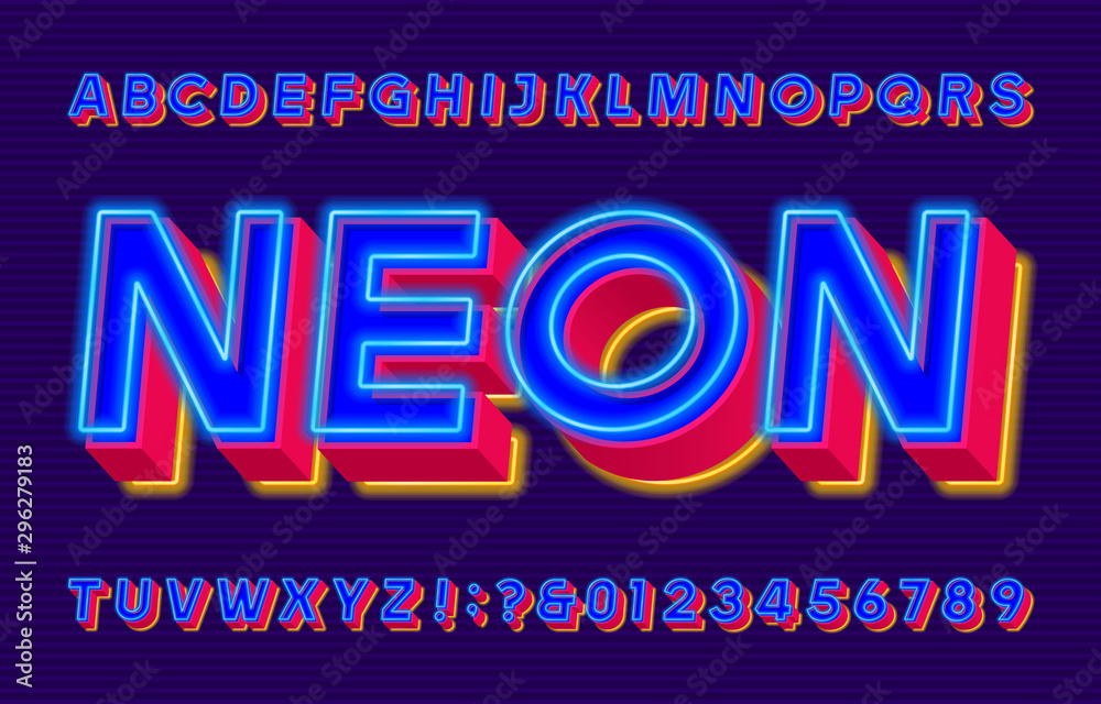 Fototapete neon alphabet font. 3d effect letters, numbers and symbols. stock vector typescript for your typogra