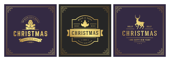 Christmas square banners vintage typographic design, ornate decorations symbols vector illustration
