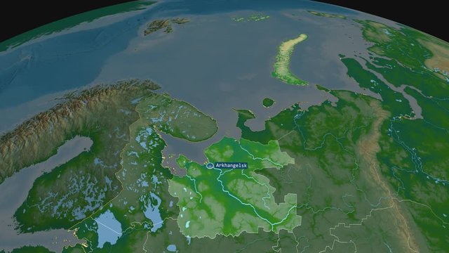 Arkhangel'sk - region of Russia (territory after annexation of Crimea in 2014) with its capital zoomed on the physical map of the globe. Animation 3D