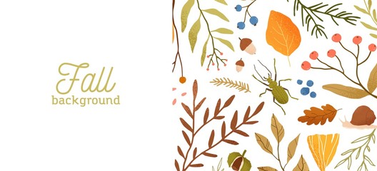 Obraz na płótnie Canvas Autumn forest flora and fauna flat vector illustration. Decorative fall themed background botanical concept. Seasonal nature banner design with typography. Tree leaves, branches and insects.
