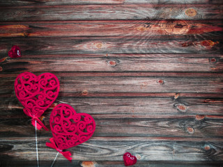 valentine's day red heart decor on wooden background with copy space