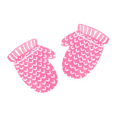 Watercolor pair of red knitted mittens on white background. Christmas hand drawn illustration of pink winter gloves with ornament.