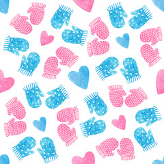 Winter elements seamless watercolor pattern with red and blue mittens and hearts on white background.