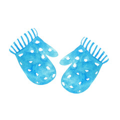 Watercolor pair of blue knitted mittens on white background. Christmas hand drawn illustration of winter gloves with ornament.