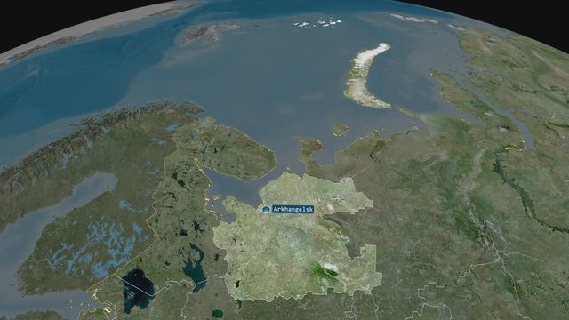 Arkhangel'sk - region of Russia (territory after annexation of Crimea in 2014) with its capital zoomed on the satellite map of the globe. Animation 3D