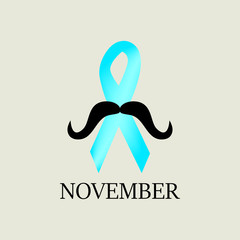 November month of struggle against prostate cancer. Prostate Cancer Blue Awareness Ribbon with Mustache. 