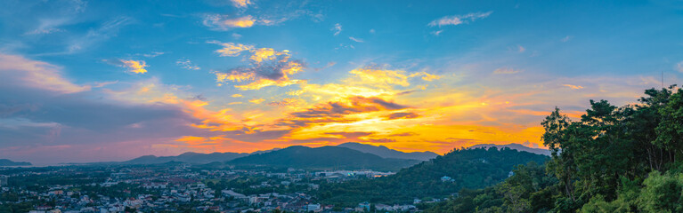 sunset at Khao Rang the landmark viewpoint of Phuket city. Khao Rang viewpoint on hill top in the middle of Phuket town on hill top can see the great big Buddha too.