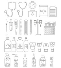 Set of line medicine objects. Vector healthcare illustration for design