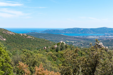 Landscape shot with green forests, mountains and a blue sky
