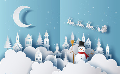 Paper art style of Santa Claus with reindeer sleigh and happy snowman in a village, Merry Christmas and Happy New Year concept.