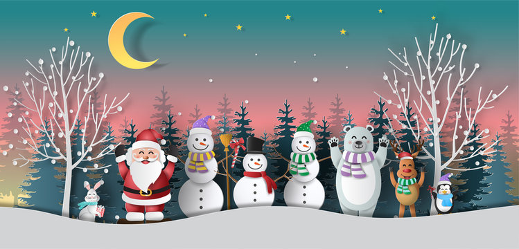 Paper art style of Santa Claus and friends, snowman, reindeer, rabbit, bear, and penguin with night scene, Merry Christmas and Happy New Year concept.