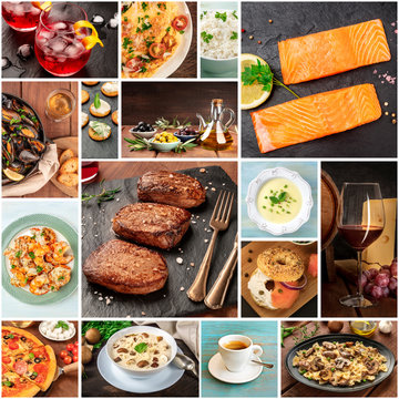 Food Collage. Many photos of tasty dishes, a square design template for a banner, flier, or restaurant menu cover