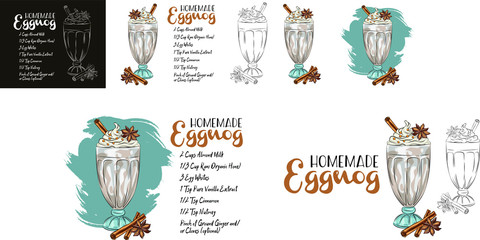 How to Make Eggnog - Pictorial recipe for the winter holidays cocktail, with bourbon, eggs, milk, sugar, cream and nutmeg, glasses of eggnog with cinnamon sticks hand drawn