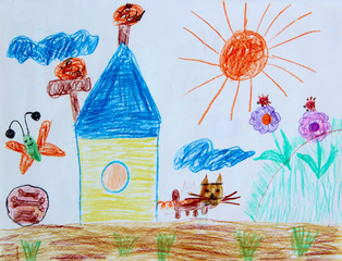 Childish drawing of house flowers and butterflies