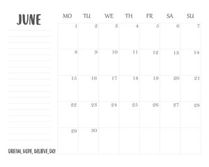 Simple calendar and planner 2020 for June with To Do List and motivation phrase 