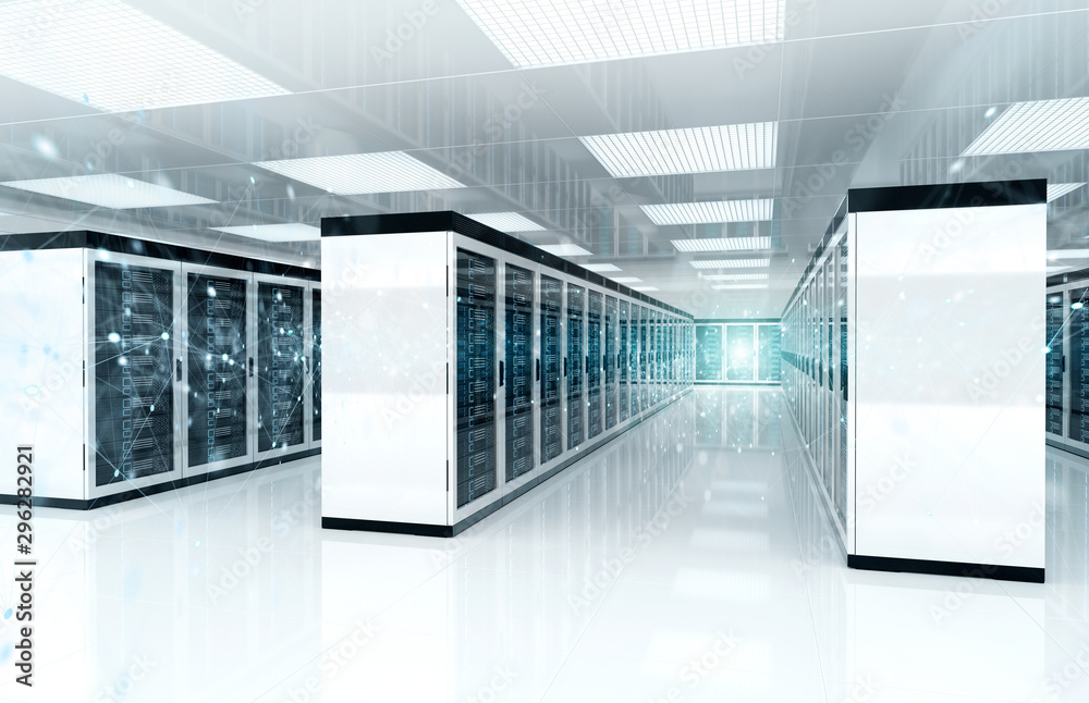 Fototapete Connection network in servers data center room storage systems 3D rendering