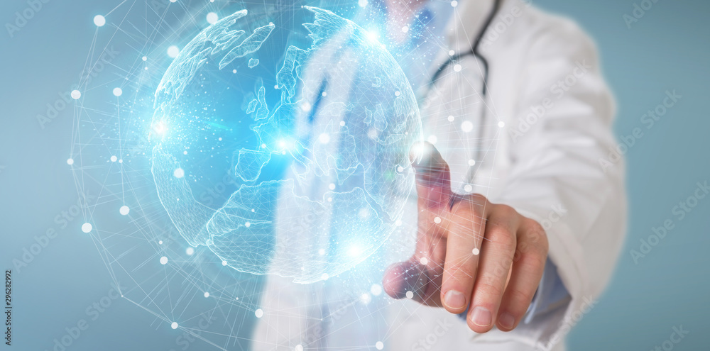 Wall mural doctor using europe map globe network hologram 3d rendering